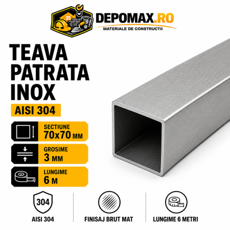Teava patrata inox AISI 304, 70 x 70 x 3 mm, 6 metri